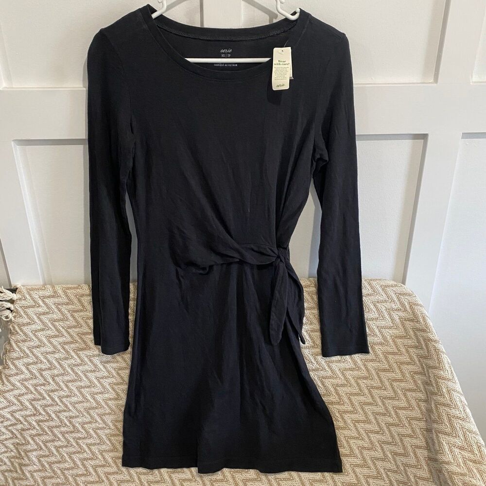 Aerie Women's Tie Front Long Sleeve Mini Dress Black Size XS NWT